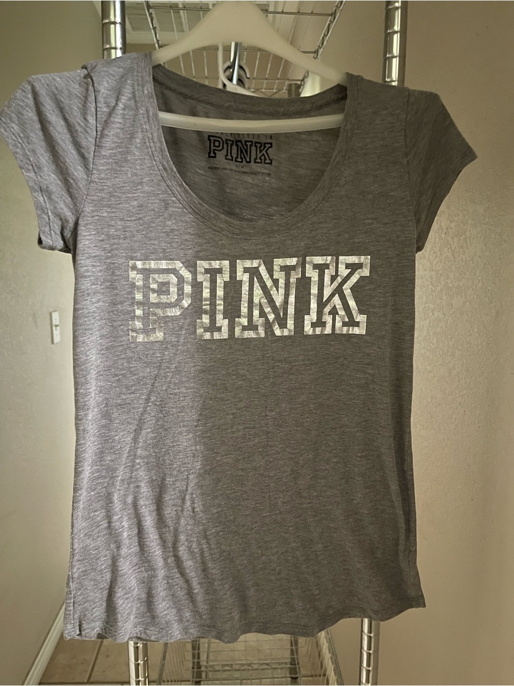 PINK Victoria's Secret Gray Scoop Neck Tee with Metallic Logo